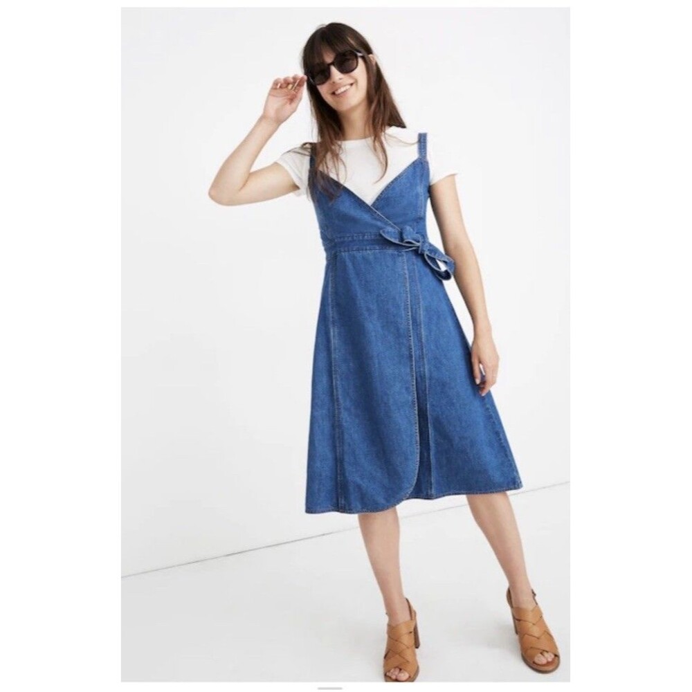 Madewell Denim Wrap Tie Dress Sz 2 Casual Summer Resort Blue Knee Length